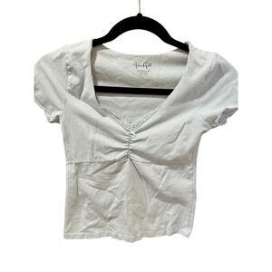 John Galt Brandy Melville Lace Trim Ruched Bow Top Light Blue Short Sleeve